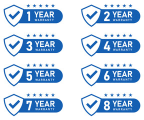 8 months warranty label. Blue warranty badges set with shield, check mark, and stars icons. 1 to 8 year guarantee labels. Flat style. Vector illustration.