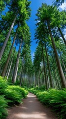 Obraz premium Lush Green Forest Path Lined With Tall Conifer Trees Under A Bright Blue Sky And Sunlight Filtering Through Leaves
