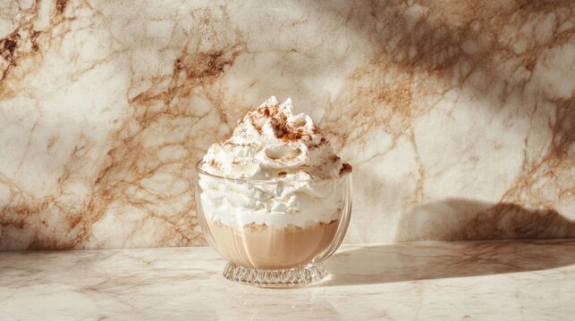 Viennese coffee with whipped cream and cinnamon on marble with beige background