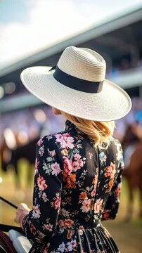 Elegant woman wearing a floral dress and a wide-brimmed hat watching a horse race at an outdoor event.