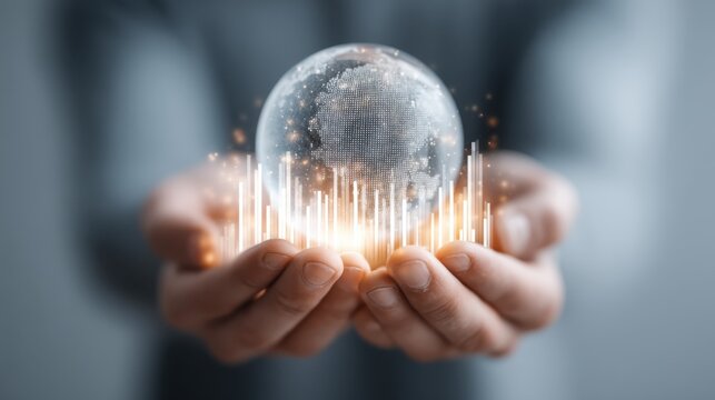 A pair of hands holds a glowing globe with data visualization elements, symbolizing technology, global connectivity, and innovation.