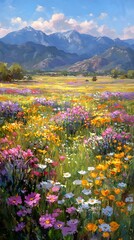 Obraz premium Blooming summer meadow with scenic mountain pictures
