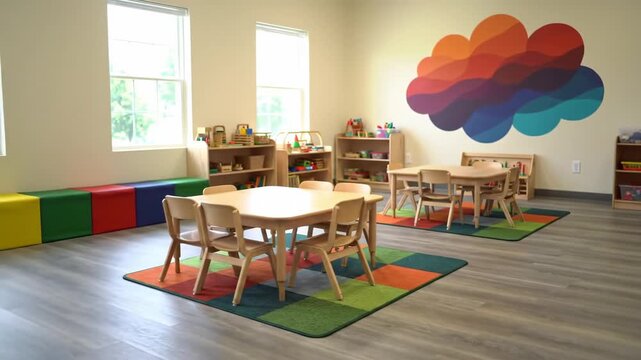 A brightly lit classroom features wooden tables, colorful wall cloud. The children's room design has neutral walls with playful furnishings, and is equipped for learning and creativity.
