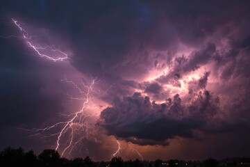 Dramatic thunderstorm sky with lightning illuminating dark clouds and silhouetted trees, showcasing nature's power and beauty in vivid deep blue, purple, and pink hues