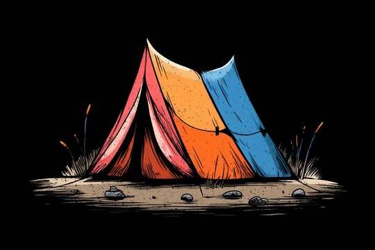 Vibrant camping tent on desert surface surrounded by stones and plants against black background, showcasing colorful red, orange, and blue fabric for outdoor adventure enthusiasts