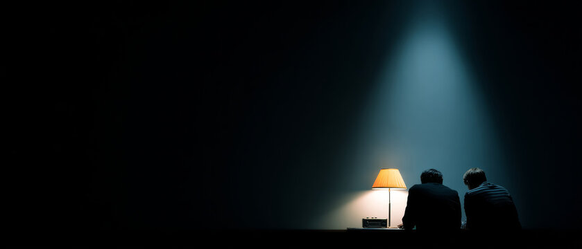 Two people sitting in a dark room illuminated by a single table lamp casting warm light on them and a radio device