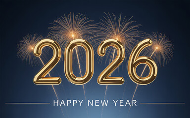 Happy New Year 2026 greeting banner with gold number and golden fireworks on night background