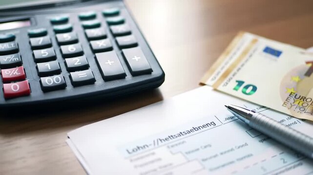 Overhead shot featuring a black calculator a paycheck and a silver pen on a wooden desk finance concept. A ten euro note is visible on the paycheck