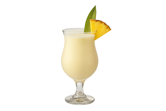 Creamy pineapple smoothie in stemmed glass with pineapple wedge and green leaf, set against transparent background