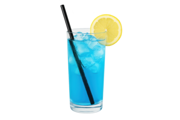 Tall glass of bright blue iced drink with lemon slice on rim and black straw