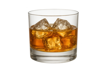 Clear glass tumbler with amber whiskey and large ice cubes