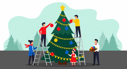 Friends and family cheerfully cooperate, using ladders to place a star and hang colorful ornaments on a large, brightly lit Christmas tree