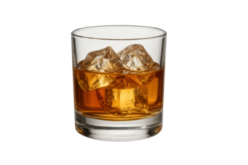Short tumbler glass filled with amber whiskey and irregular ice cubes