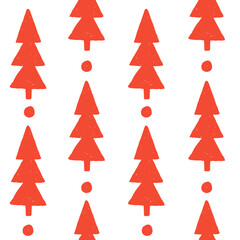 Obraz premium Scandinavian Christmas Tree Seamless Pattern. Hand drawn Holiday Minimal Background with red Fir silhouettes and playful crayon or chalk texture for cards textile and packaging.