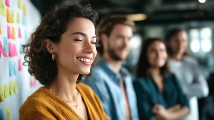 A diverse team brainstorms with sticky notes on a whiteboard a leader showing empathy hyper realistic notes with vivid text moody shadows in a modern office bright saturation - Powered by Adobe