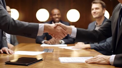 Close up of businessmen shaking hands over a wooden table in a meeting room, showcasing corporate collaboration and agreement with a white lighting. - Powered by Adobe