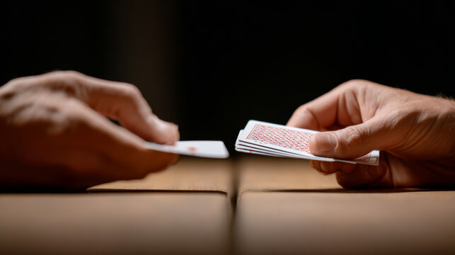 Close-up of two hands exchanging playing cards over a wooden table in a dimly lit environment with a dark background