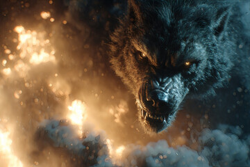 a werewolf at night. Red eyes, creature of the night. Classic monster. Horror story.