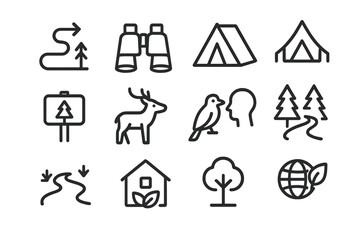 Eco-Tourism Icon Set. Eco-tourism and nature reserves. Line outline icon set of Eco-tourism and nature