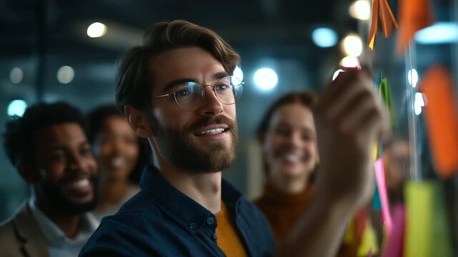 A diverse team collaborates with sticky notes on a whiteboard a leader fostering engagement hyper realistic notes with vivid text moody shadows in a modern office bright satura