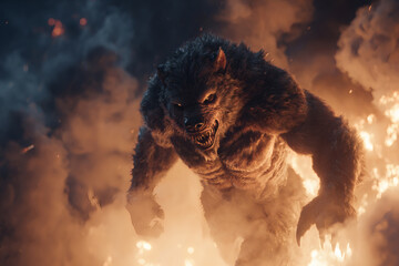 a werewolf at night. Red eyes, creature of the night. Classic monster. Horror story.