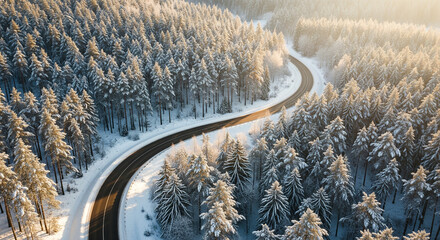 Drone aerial shot of a winding snow-covered road through pine forest, white winter landscape with frosty trees and cold atmosphere, natural travel and adventure concept with cinematic lighting.