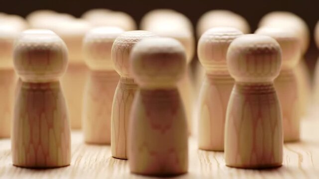 Close-up features unstained wooden figures arranged on a wood grain backdrop, creating a warm and inviting atmosphere with a neutral color palette and shallow depth of field.