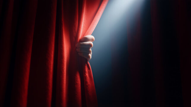 Red curtain being pulled aside to reveal a dark backstage area before a performance begins