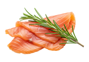 Smoked salmon slices with rosemary isolated on transparent background