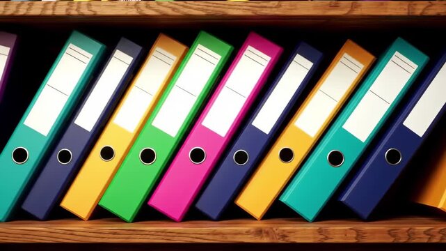 An array of colorful ring binder folders sits neatly on a wooden shelf, providing organized file storage for home or office. A record-keeping solution.