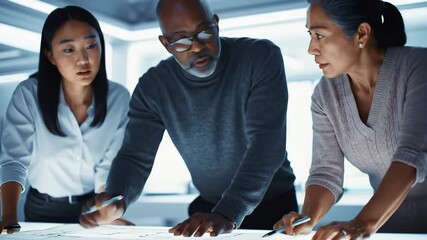 A diverse business team collaborates around an illuminated table in a modern white office, working on a design or construction project, their focus and determination. - Powered by Adobe