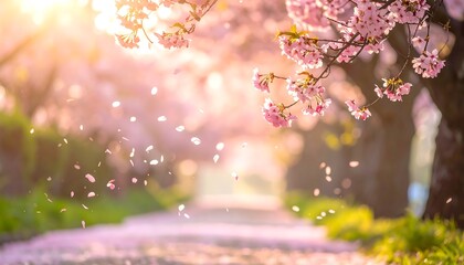 Path lined with blooming cherry blossom trees, petals floating gently in the air, soft light, blurred background