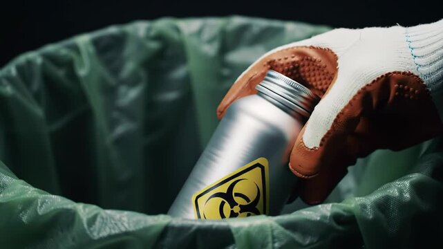 Gloved hand places silver biohazard container into green trash can liner, studio setting with dim lighting highlighting danger and proper disposal.