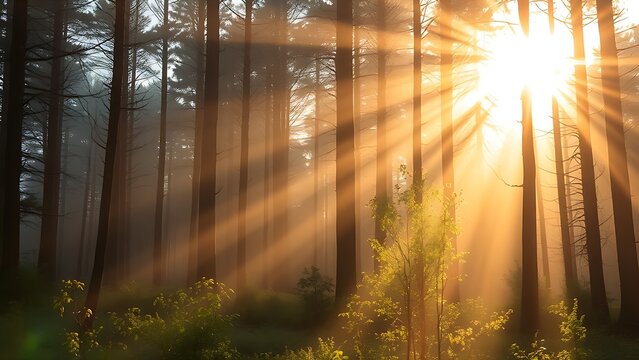 tyndall. Sunlight beams through morning forest mist creating light pillar effect. ESG reports, sustainability campaigns, designed for environmental awareness campaigns, used by professors.
