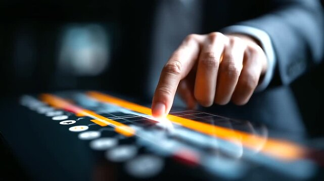 A professional interacts with a virtual screen showing a project roadmap hyper realistic waypoint icons with clear details moody shadows on a digital interface bright saturation
