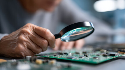 Close-up of a person inspecting electronic circuit board with magnifying glass for detailed examination and repair work