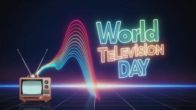 World Television Day retro animation with old TV and colorful digital waves