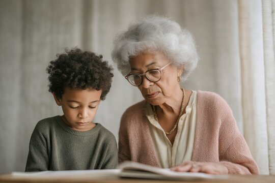 Elderly Black woman helping grandson with homework, both focused on open workbook at small vintage kitchen