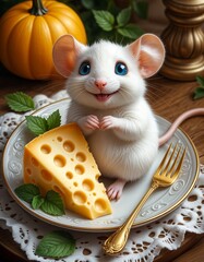 Cute white mouse smiling with cheese slice on decorative plate  