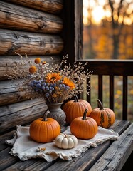 Autumn pumpkins and dried flowers on a wooden porch table  