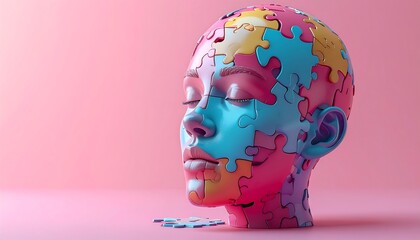 Portrait head composed of colorful puzzle pieces, against a soft pink backdrop, evoking mental concepts