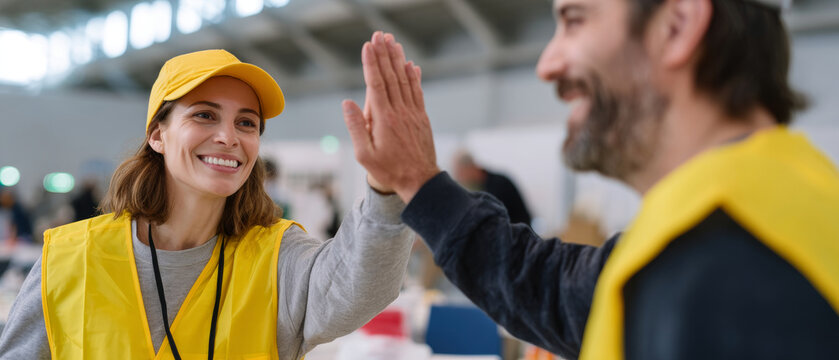 Volunteers wearing yellow vests and cap giving high five in a bright indoor community center during a charity event or social gathering
