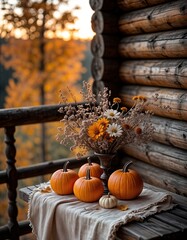 Autumn scene with pumpkins and flowers on wooden porch at sunset  