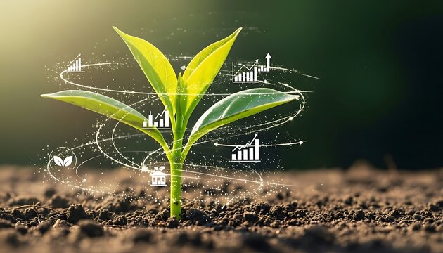 Young green plant sprouting from rich soil with glowing digital charts and data streams symbolizing growth and financial success