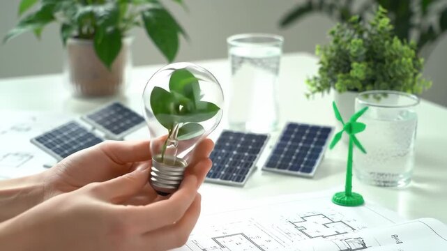 Close up of hands holding clear lightbulb with plant on a white table next to solar panels and a small green windmill model. Concepts of renewable energy and eco-friendly power.