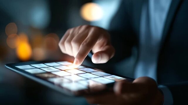 A professional engages with an AI powered e learning interface hyper realistic learning icons with vivid details moody shadows on a screen bright saturation in education visuals