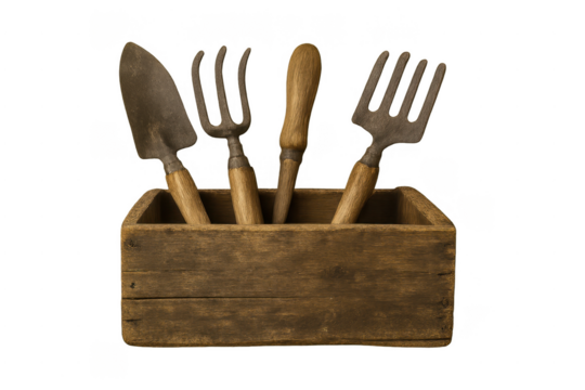 Rustic hand tools for horticulture inside a wooden container