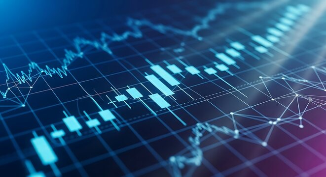 Abstract digital financial data visualization with glowing blue and purple stock market charts and graphs on a dark grid background representing economic growth and investment trends