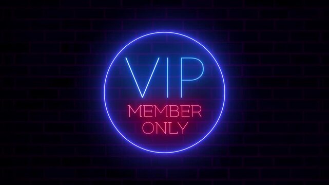 VIP Member Only Neon Light Sign Glowing Animation on Brick Wall Background