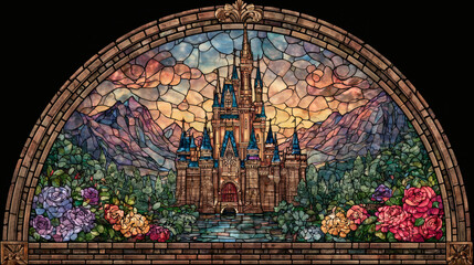 a beautiful stained glass window of a mountain castle. Vibrant colors. Modern design. AI generated image.